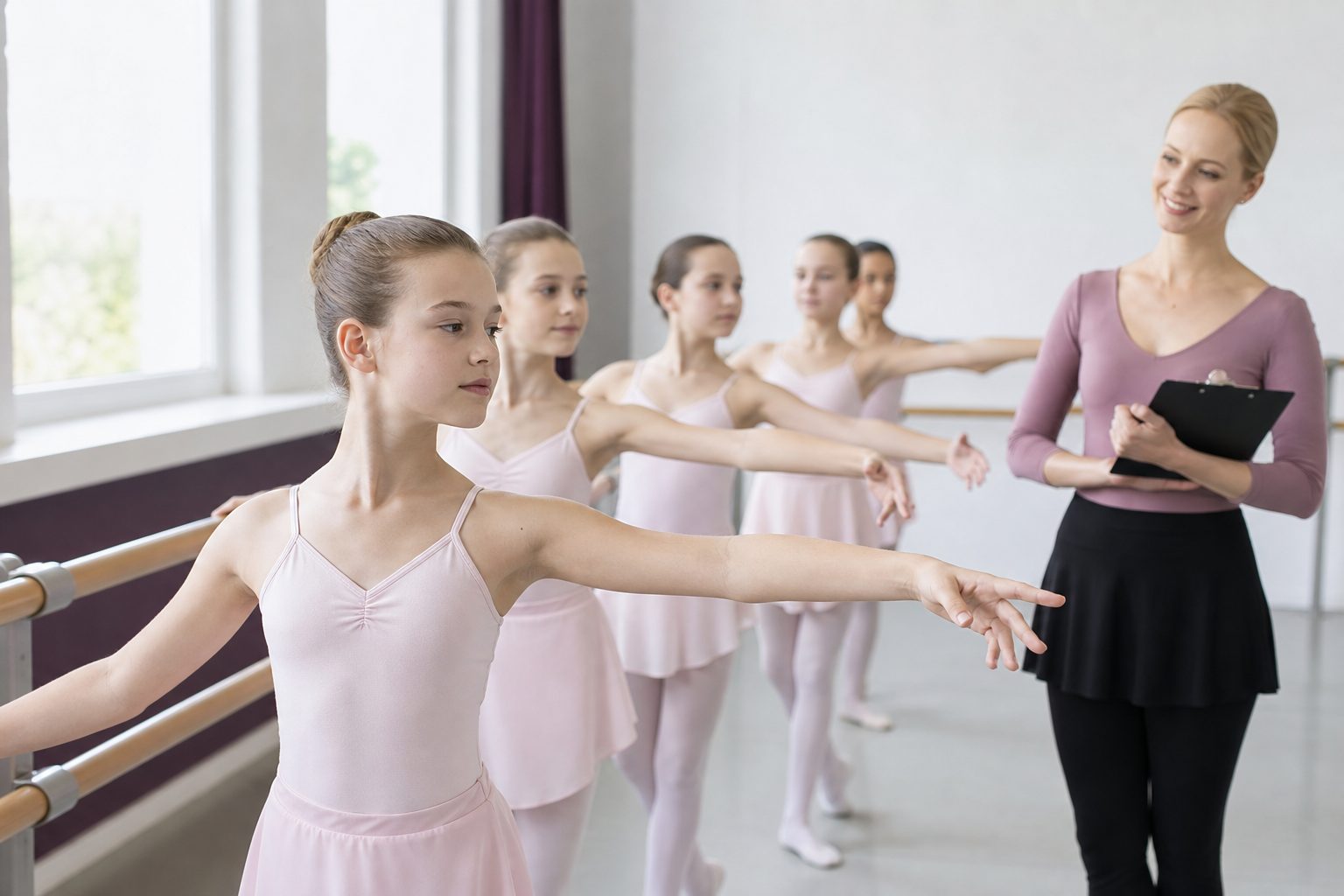 Young ballet students at the barre in a sunlit studio while a teacher observes with a clipboard