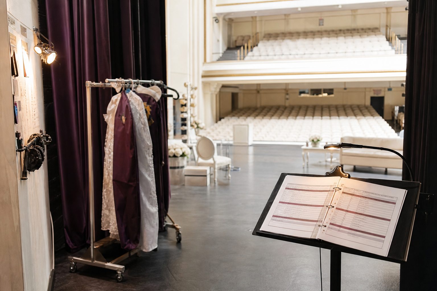 View from theater wings toward empty seats during a daytime technical rehearsal call