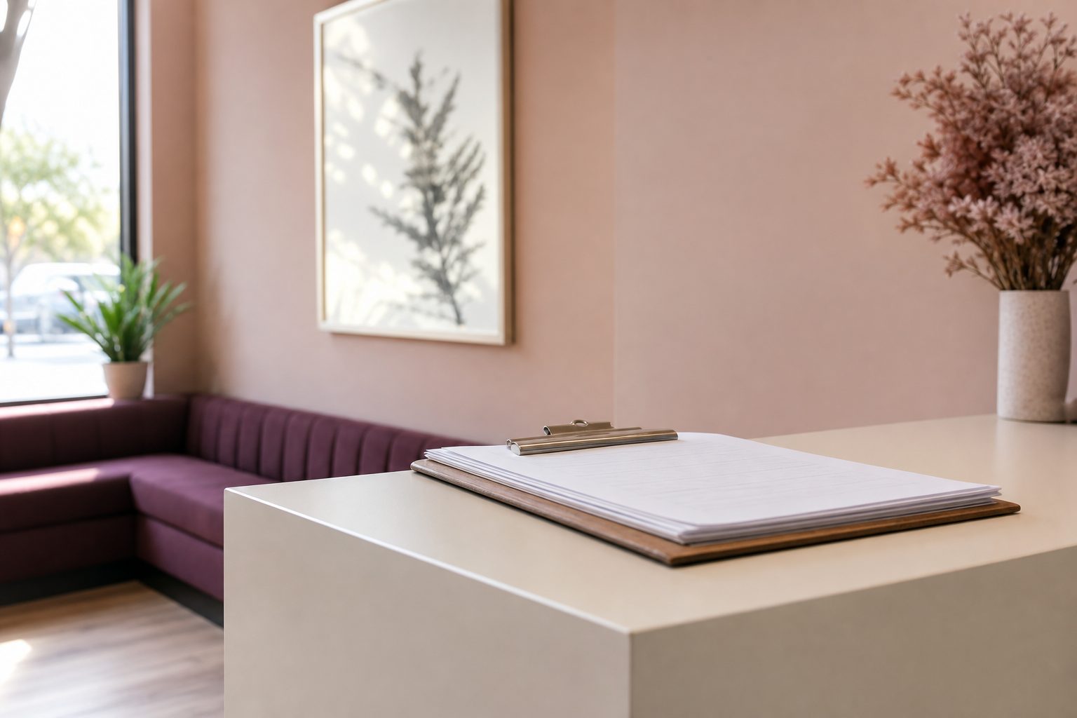 Bright dance studio lobby corner with a clipboard of forms on a white desk beside a plum bench