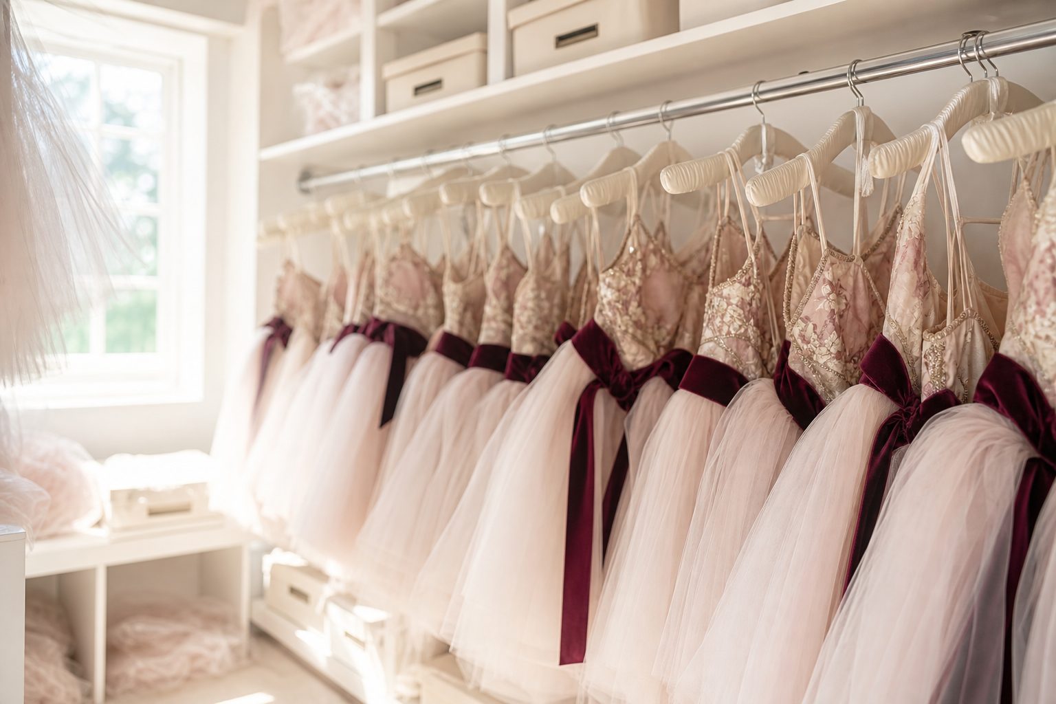 Bright costume storage room with pale rose tulle recital costumes hanging on a labeled garment rack