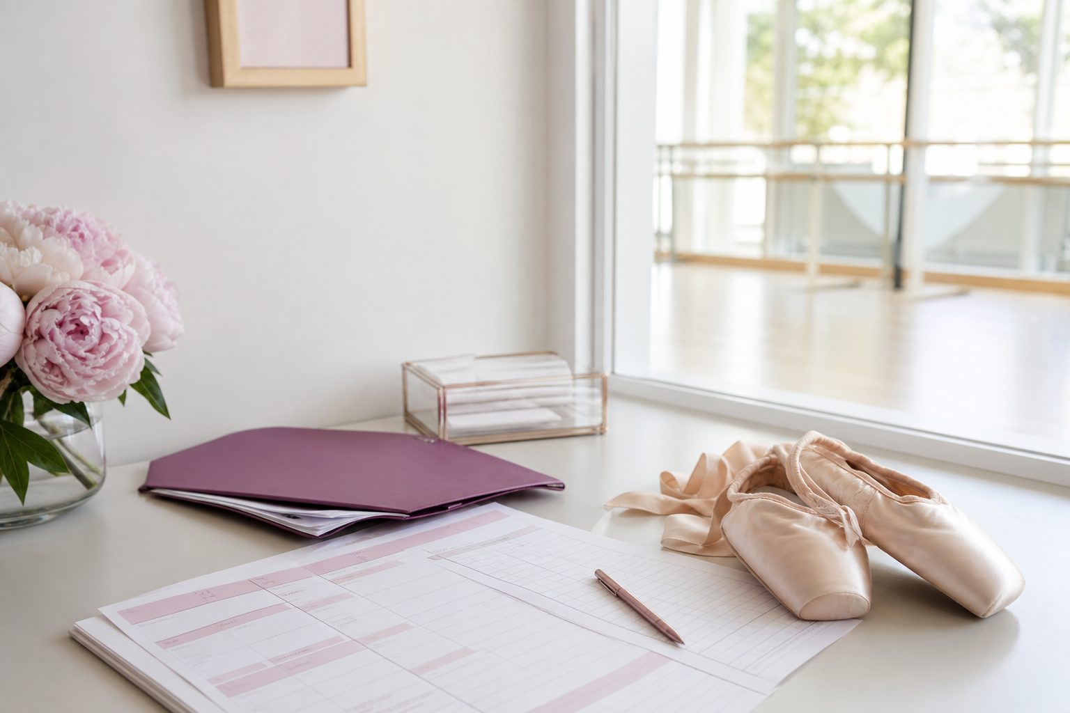 Sunlit dance school desk with a printed term calendar, tuition worksheet and a pair of pink ballet slippers