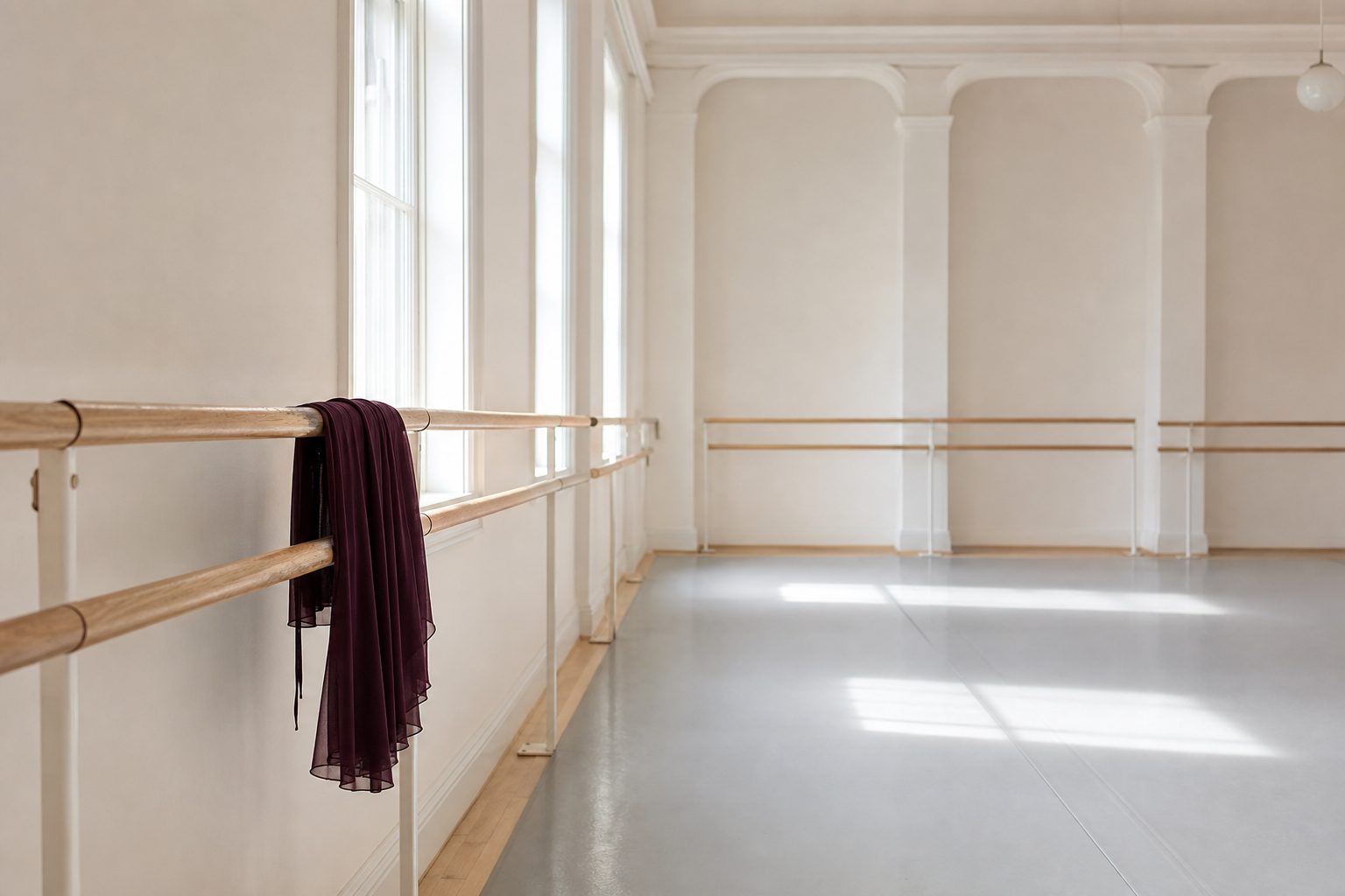 Empty bright ballet studio with wooden barre, sprung floor and tall sunlit windows