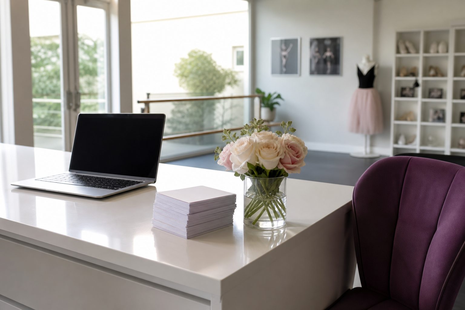 Dance school front desk in morning light with a laptop, class placement cards and pale rose flowers