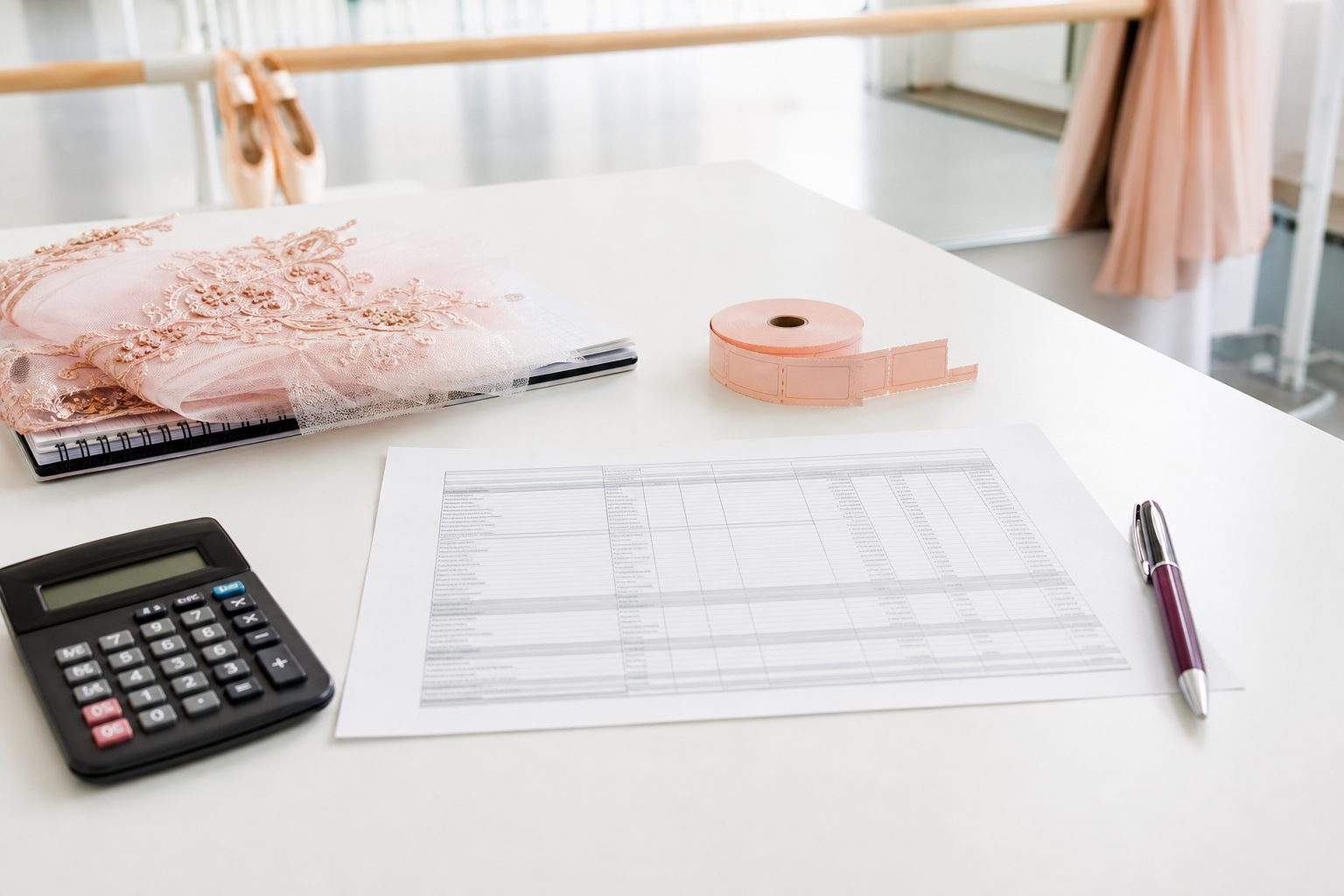 Studio office table with a printed budget sheet, calculator, costume swatch and a roll of tickets
